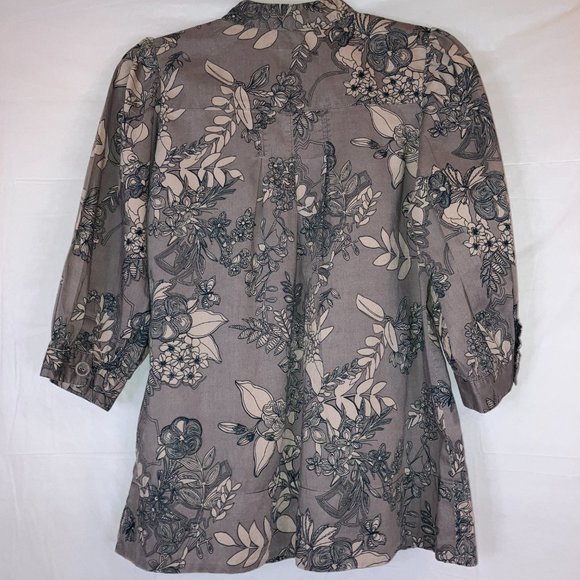 H&M Womens Organic Cotton 3/4 Puff Sleeve Grey Floral Blouse Size 4 - Picture 8 of 12